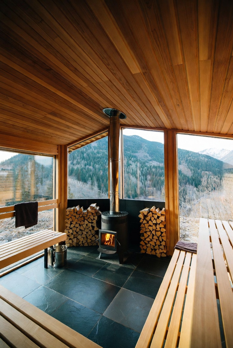 Wood stove sauna interior