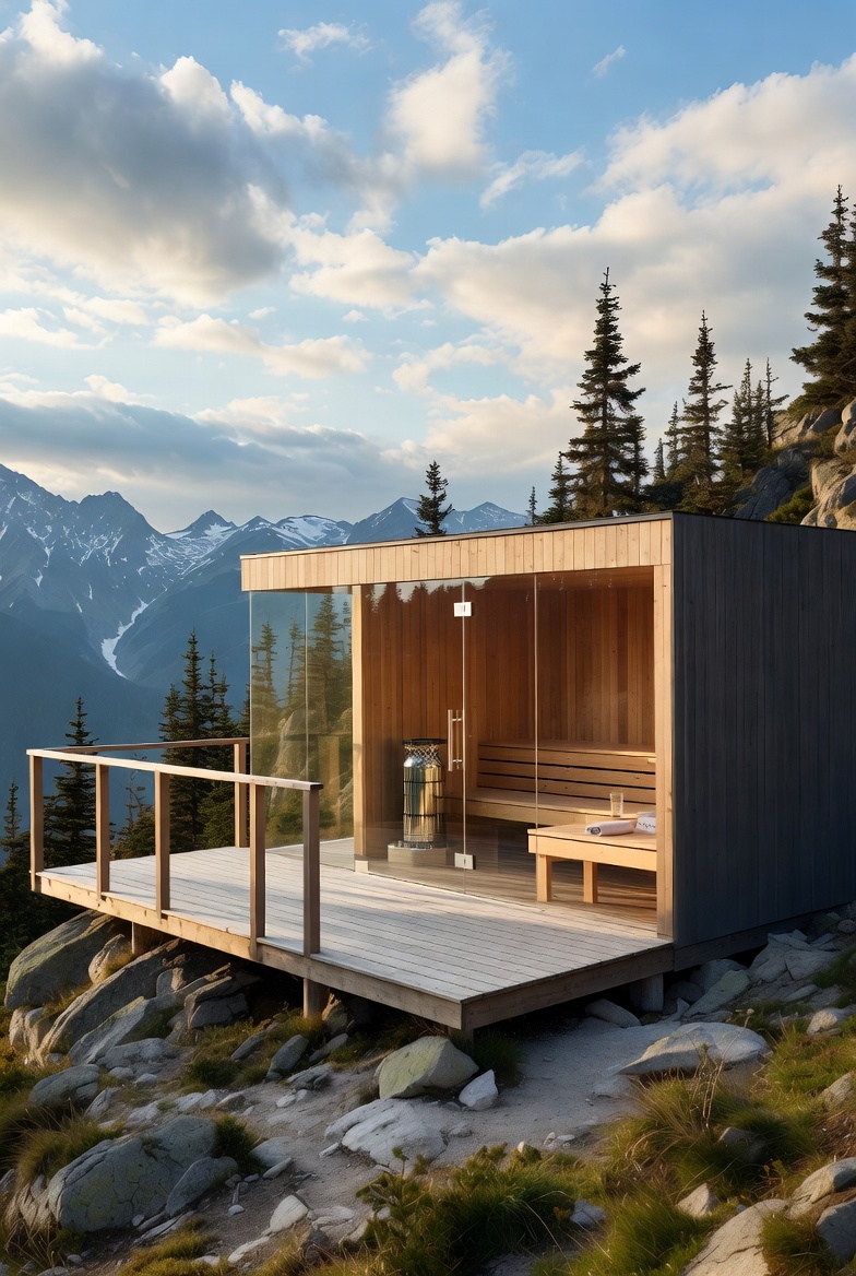 Sauna interior with mountain view